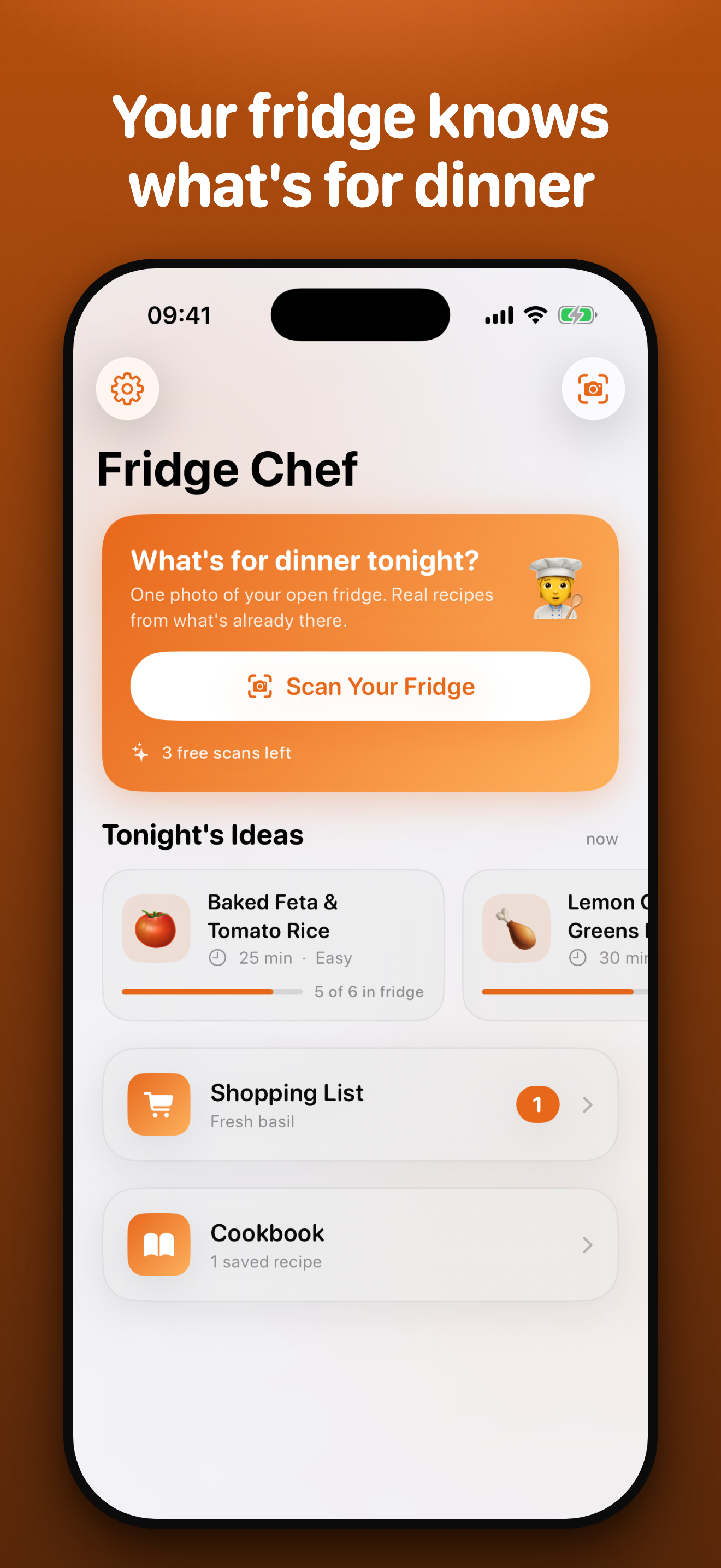 Fridge Chef dashboard with tonight's pick