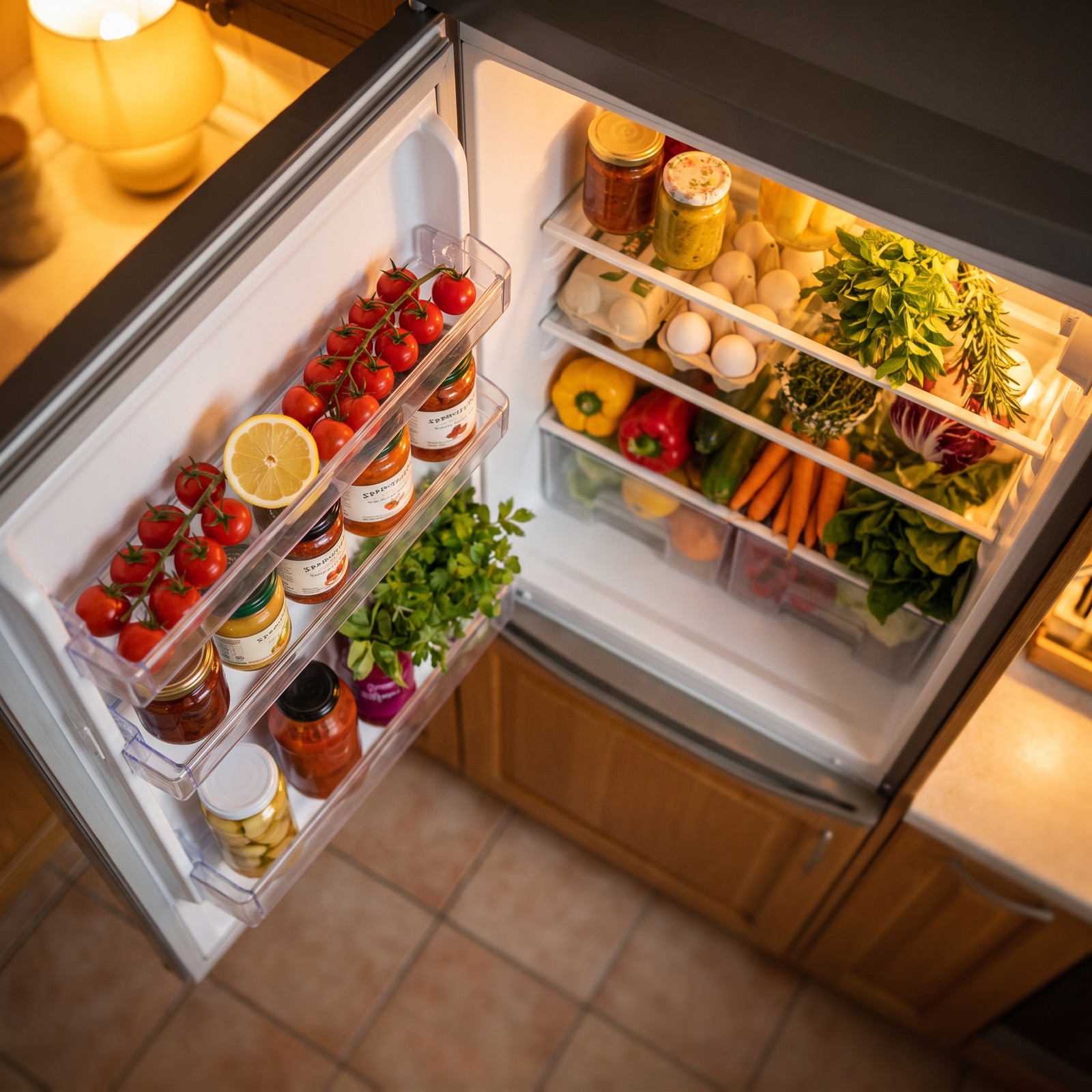 An open fridge full of fresh ingredients in warm evening light